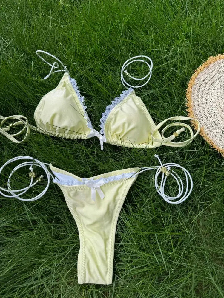 Sexy Triangle Bikini Set For Women Micro Thong Swimsuit Bandage Beachwear With Print Bathing Suit