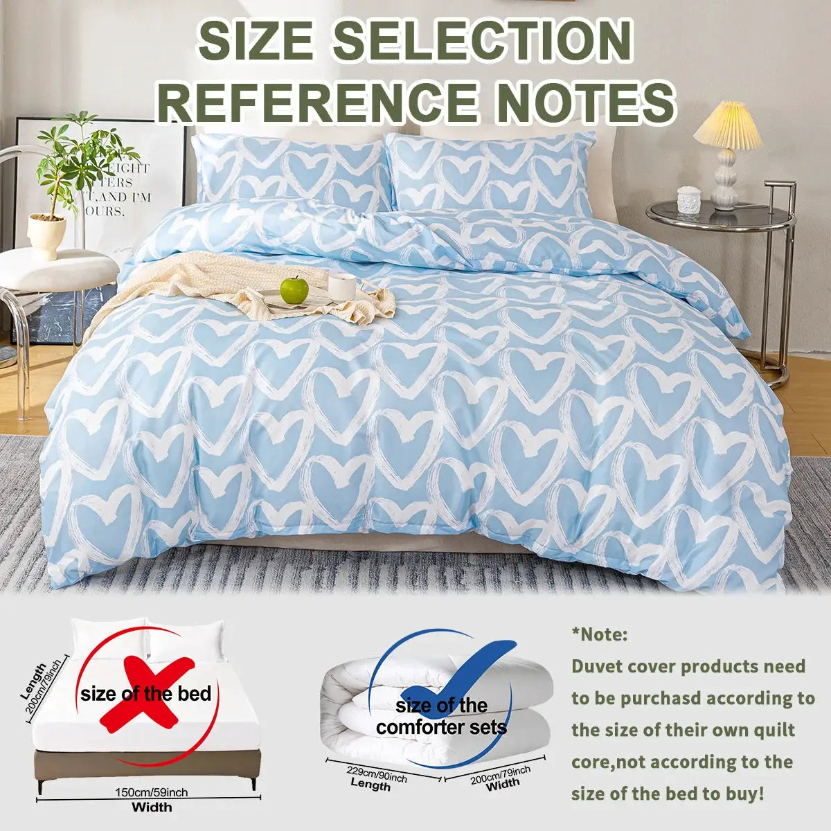 Simples Market 3-piece Heart Print Duvet Cover Set, blue and gray, includes 1 duvet cover and 2 pillowcases