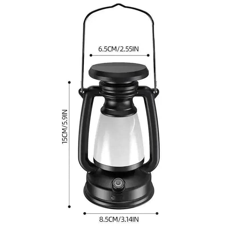 Simples Market charging LED lantern, retro-style black metal frame with white glass, hanging handle