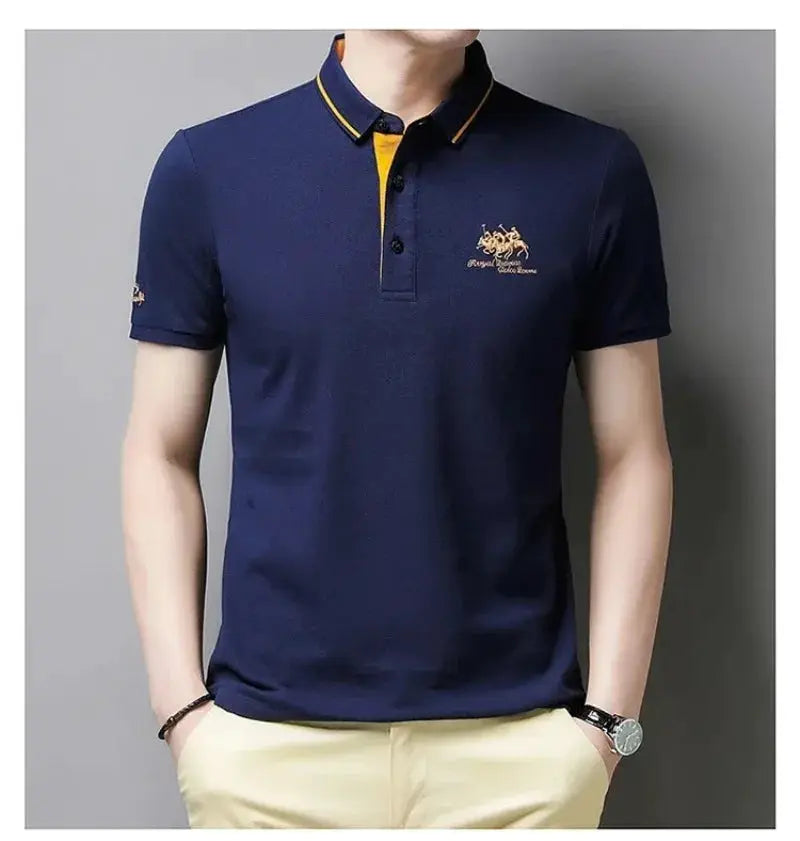 Navy blue men's polo shirt with short sleeves and yellow collar trim, embroidered chest logo