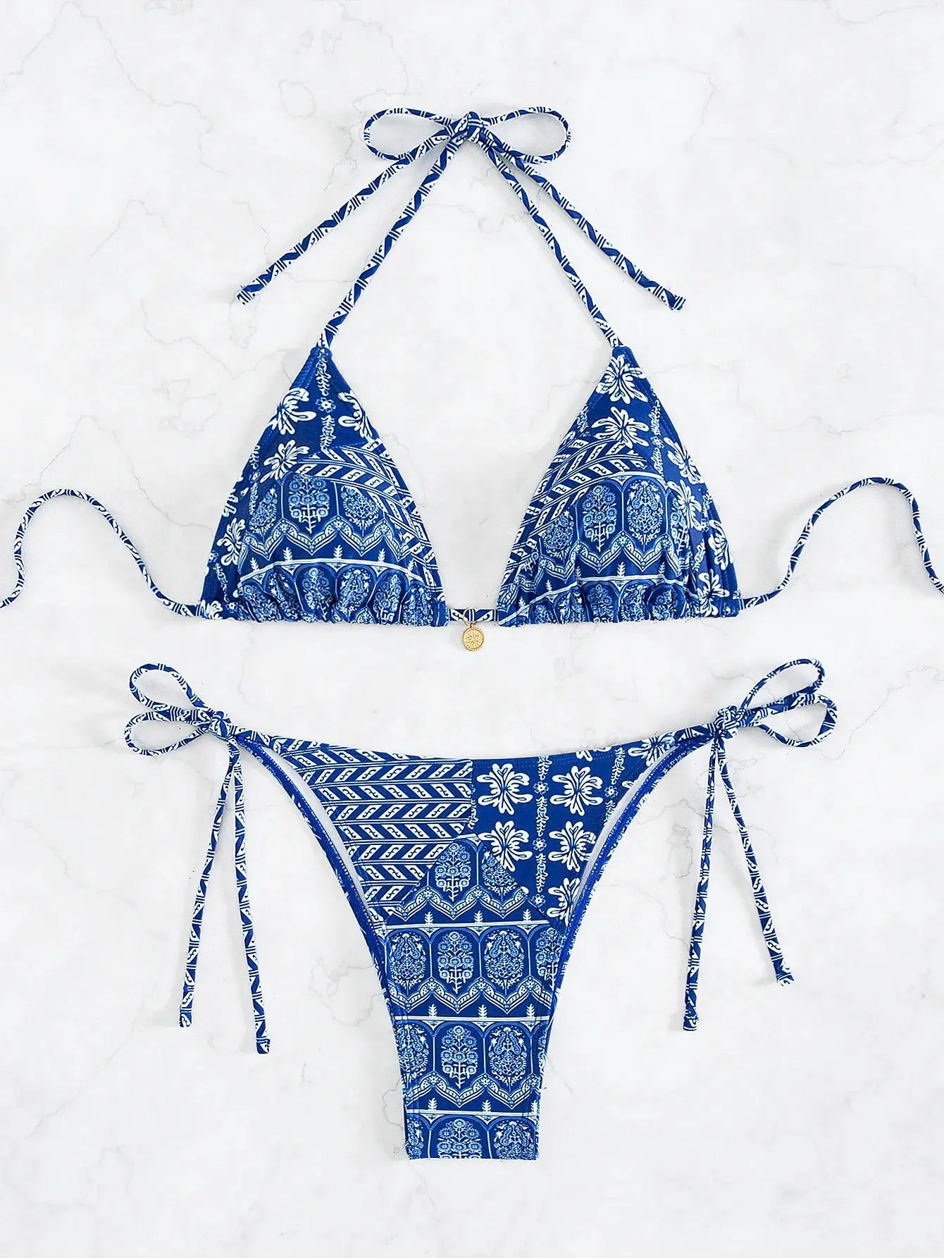 Triangle bikini set by Simples Market in blue floral print with push-up top and Brazilian bottoms