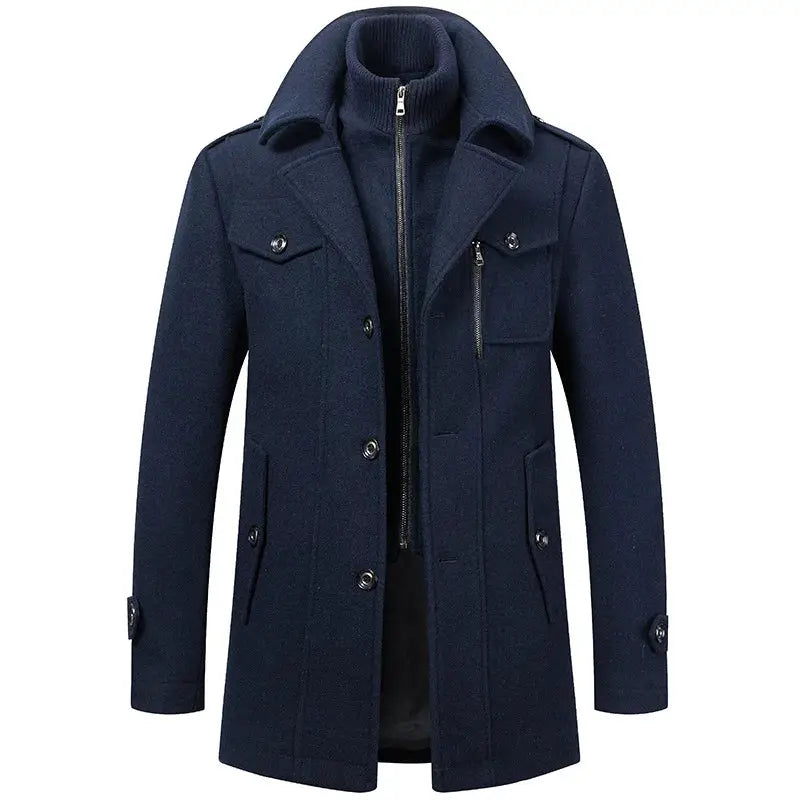 Men's navy wool-blend overcoat with stand collar, zip and button front, chest and side pockets.