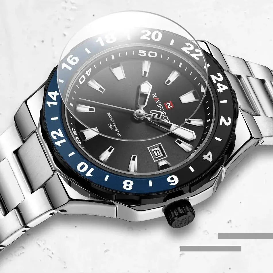 Naviforce stainless steel men's wristwatch with blue/black bezel, luminous hands, date window and water resistant