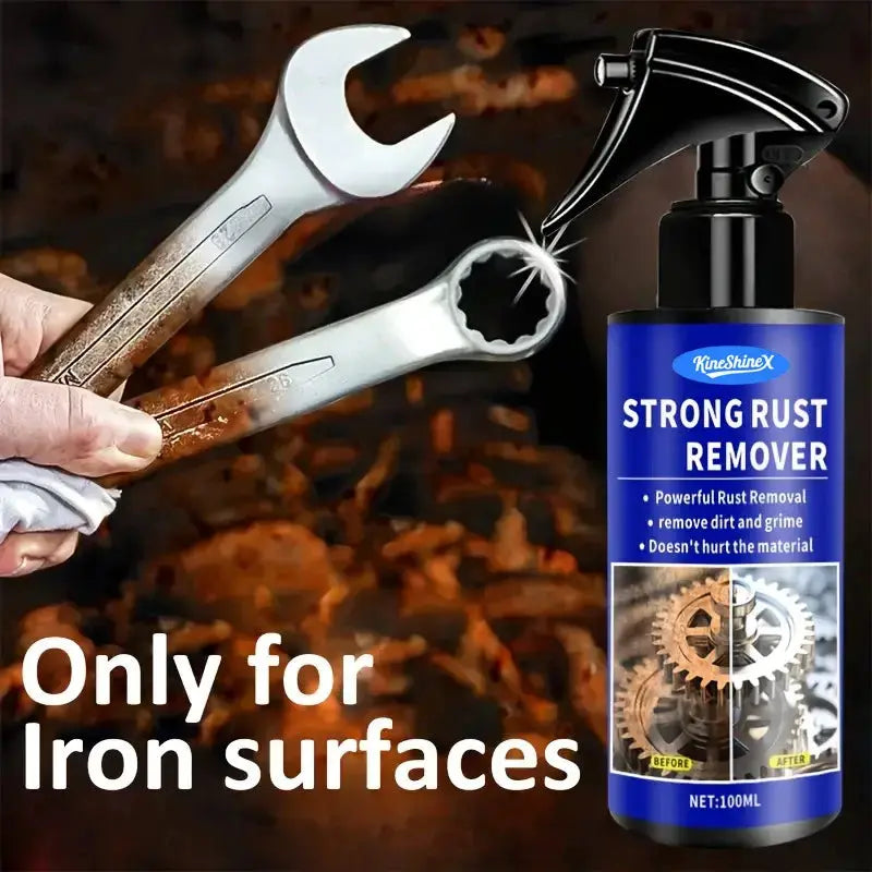 Strong Rust Remover spray by Simples Market for iron surfaces; blue 100ml bottle.