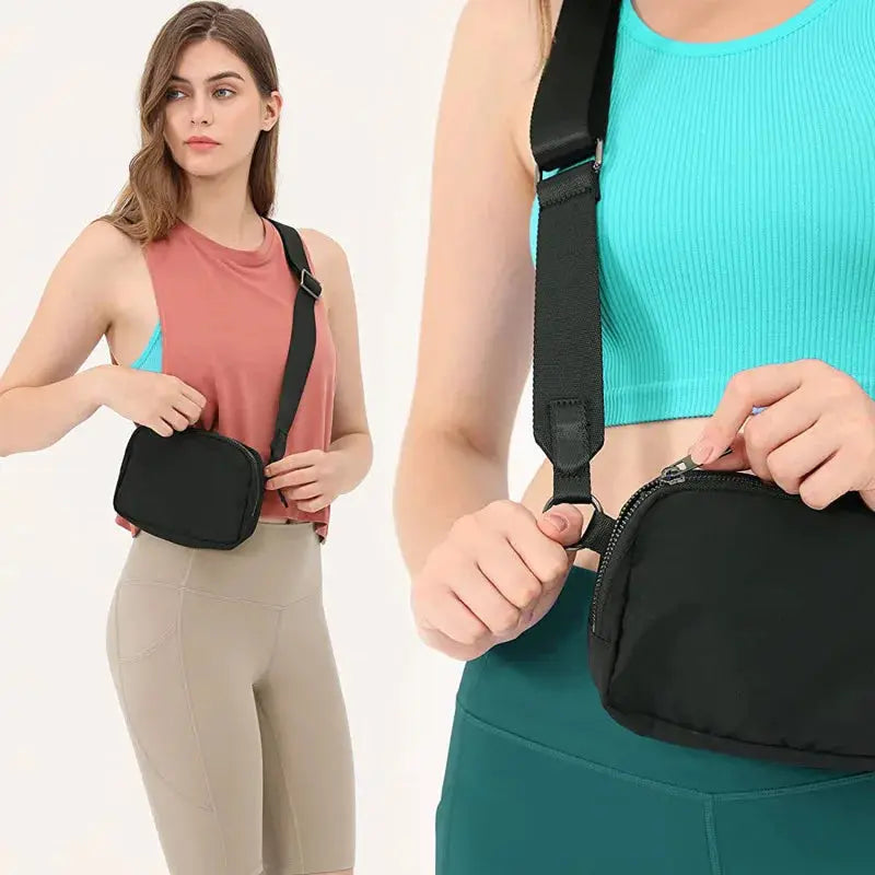 Simples Market waist bag fanny pack, black with zipper pocket, crossbody strap for travel and outdoor use