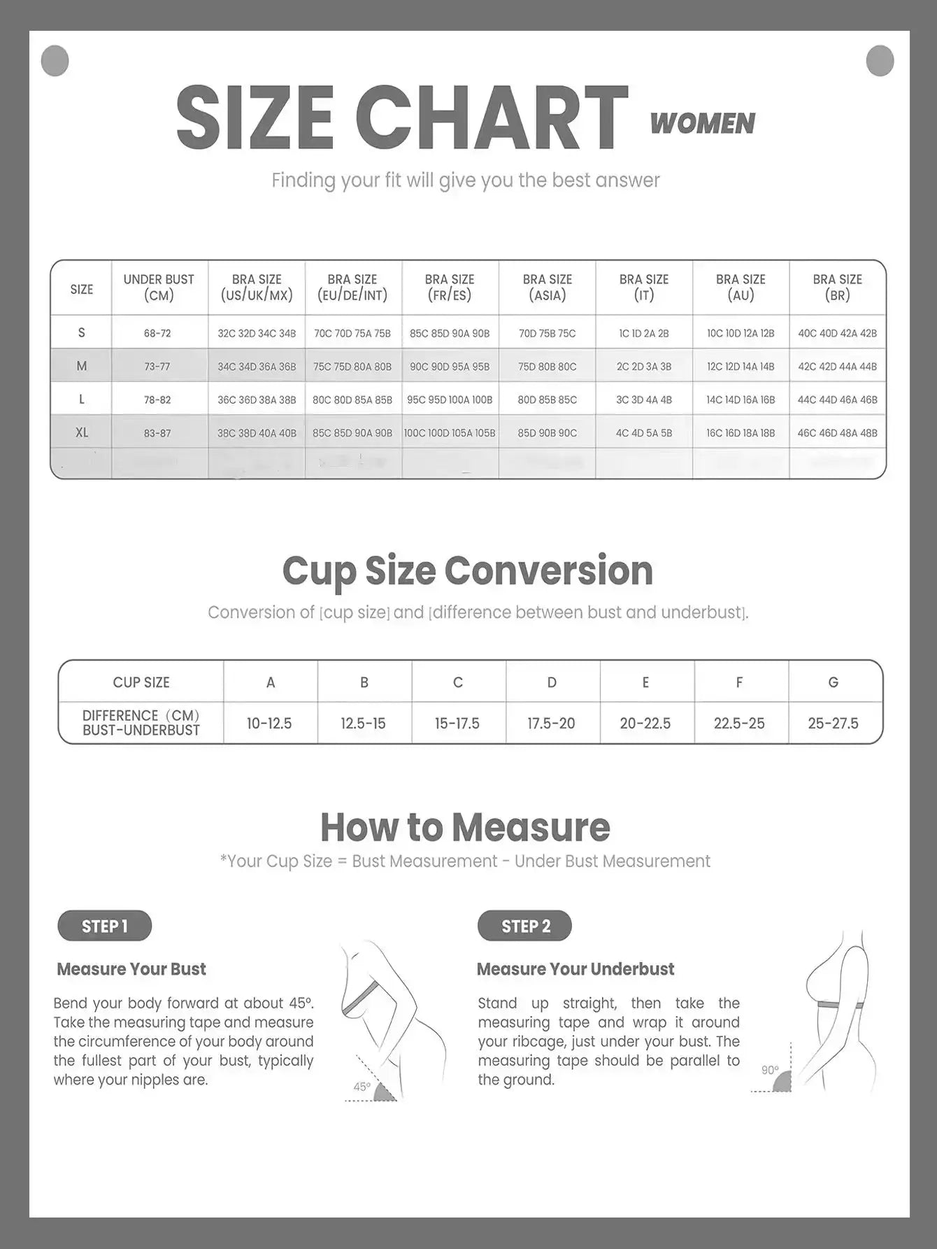 Women's bra size chart infographic with underbust and cup-size tables (Simples Market).