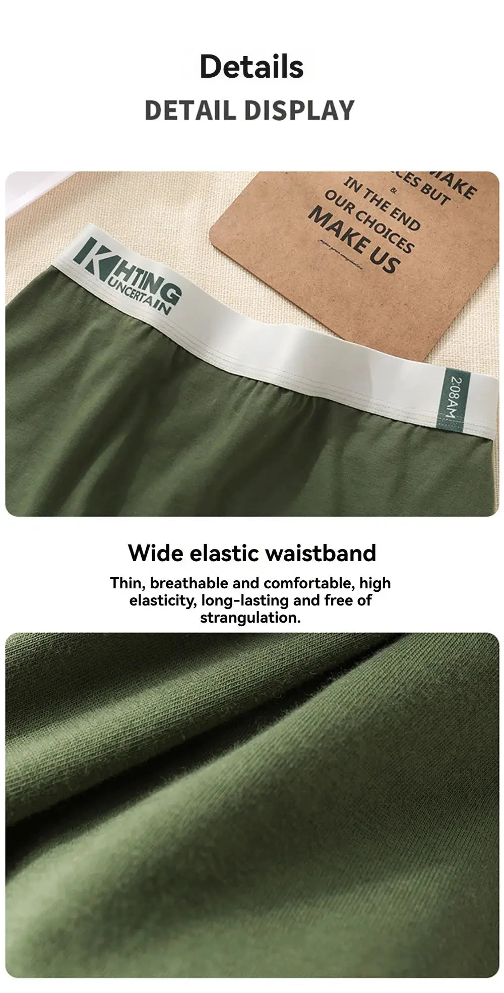 Women’s panties in olive green with a wide white elastic waistband and brand label.