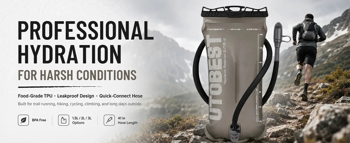 UTOBEST hydration bladder 1.5L/2L/3L with TPU reservoir; gray bag and black hose, Simples Market