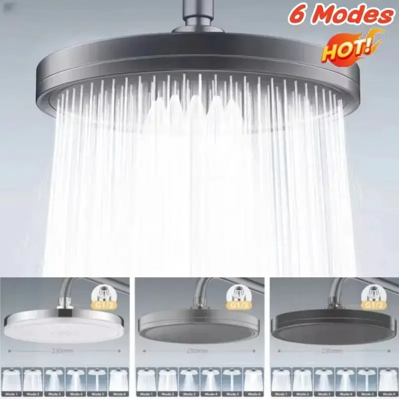 Showerhead by Simples Market, 230mm big-panel 6-mode rainfall head with high-pressure top, shown in white, silver and black finishes