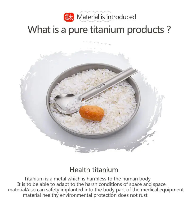 Simples Market Tiartisan titanium long-handle spoon in a metal bowl with white rice