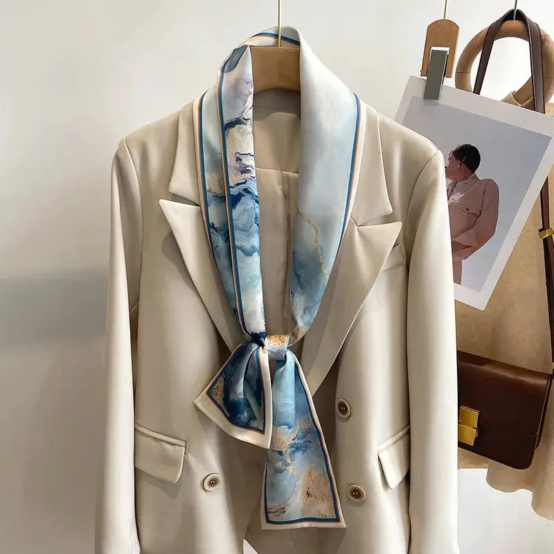 LuxeSilk Silk Feel Printed Design Scarf Versatile Long Narrow Silk Shawl For Fashionable Styles