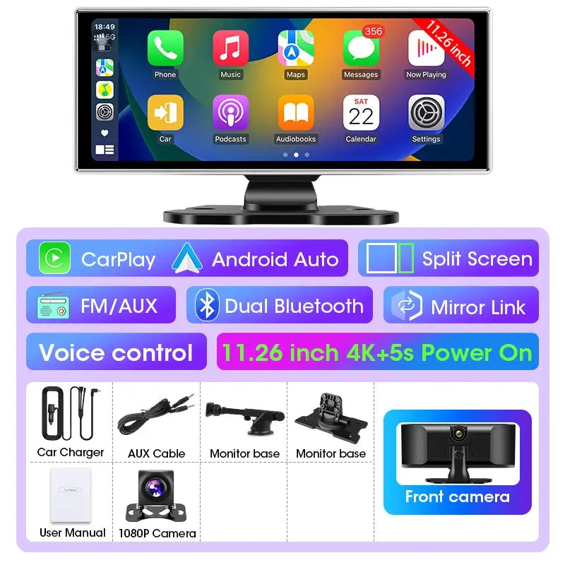 Dash Cam 4K Car DVR Wireless CarPlay Android Auto GPS Nav Dual Lens