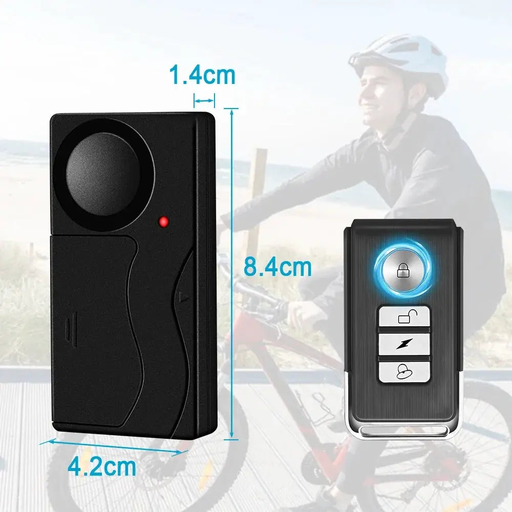 Anchtek 110db wireless vibration alarm with remote; black main unit and silver remote, 2‑piece motorcycle security alarm set