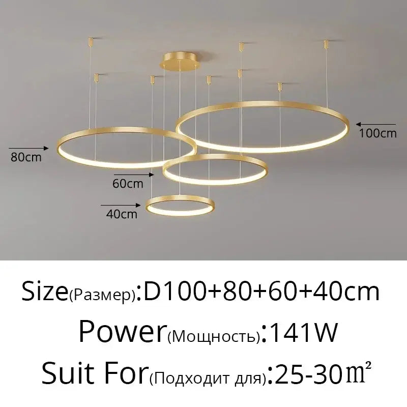 Minimalist acrylic LED pendant light by Simples Market with gold circular ring chandelier and overlapping rings