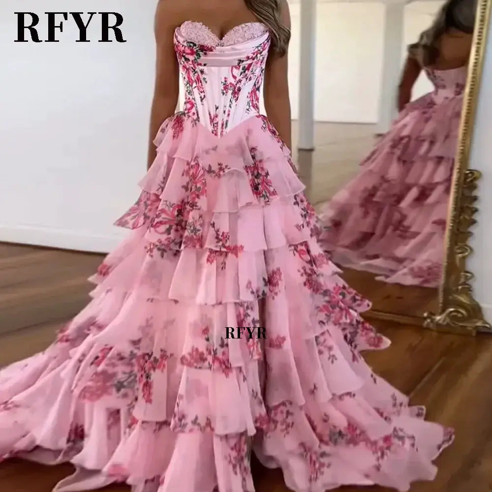 A Line Floral Prom Dress Floor Length Pleated Elegant Party Dress 2025