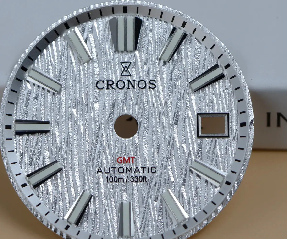 Cronos GS men's watch dial in birch pattern silver, GMT automatic, 100m water resistant, Simples Market