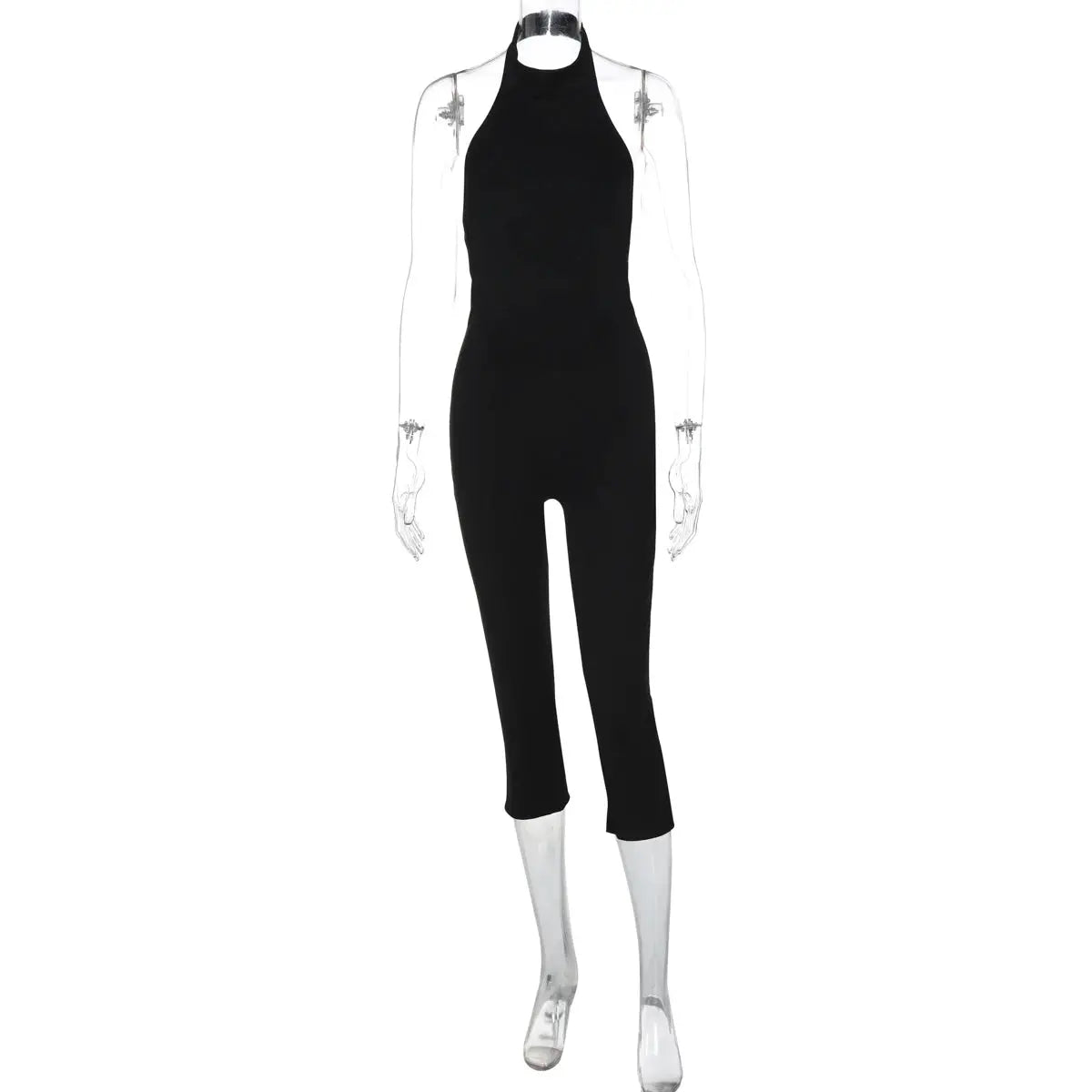 Hugcitar ribbed halter backless black jumpsuit from Simples Market, bodycon romper