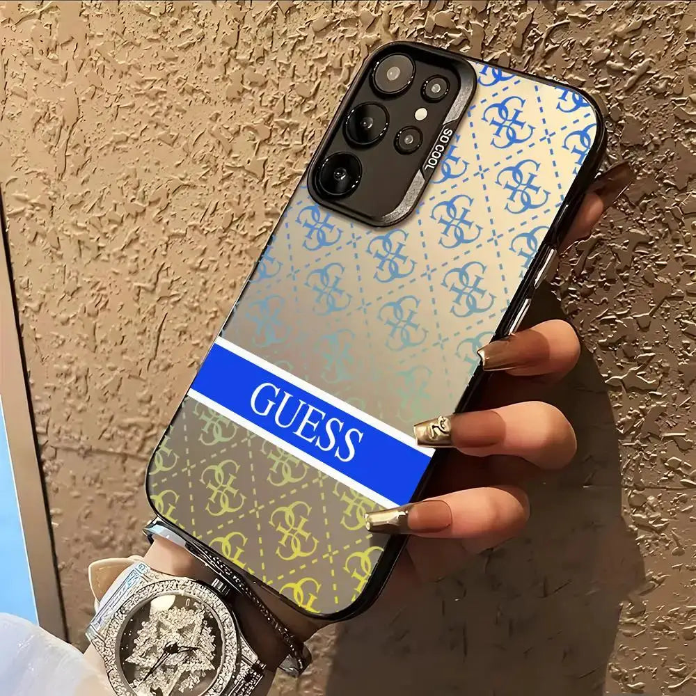 Guess phone case for Samsung Galaxy S20–S26, colorful silver gradient with blue GUESS logo stripe
