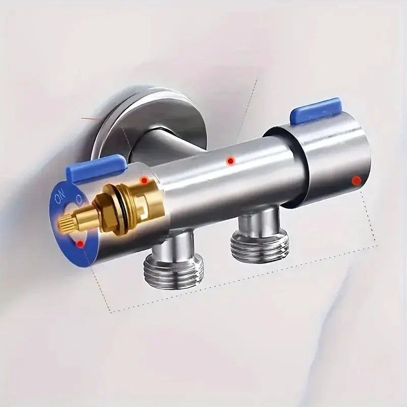 Stainless steel angle valve with 1 inlet and 2 outlets, blue dual-control handles, Simples Market.