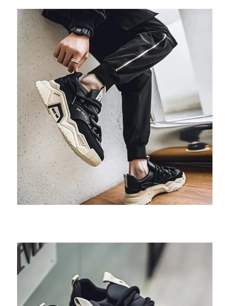 New Men's Casual Sneakers by Simples Market; black low-top skateboard shoes with a chunky beige sole for outdoor sports