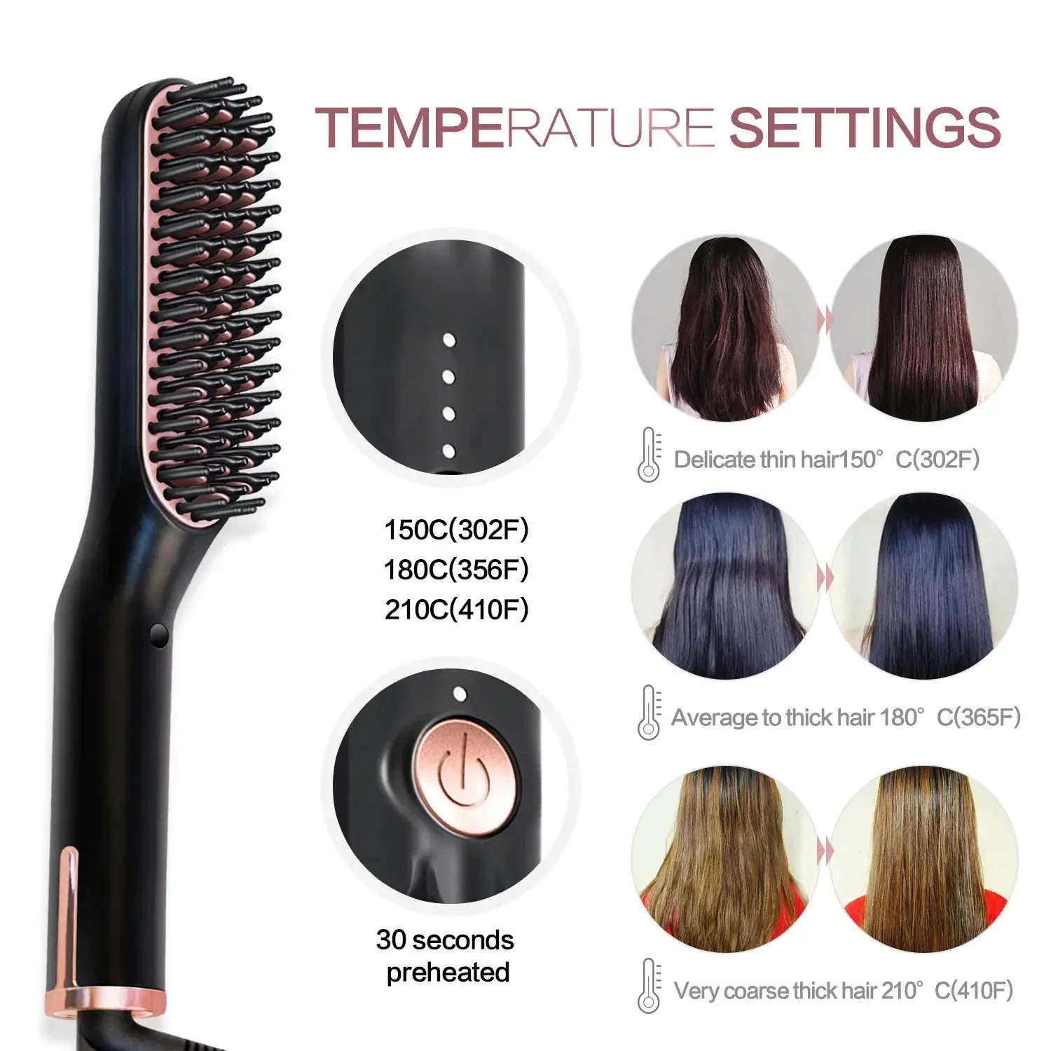 Simples Market men's electric beard and hair straightener brush, black with rose-gold accents, wet/dry quick styler