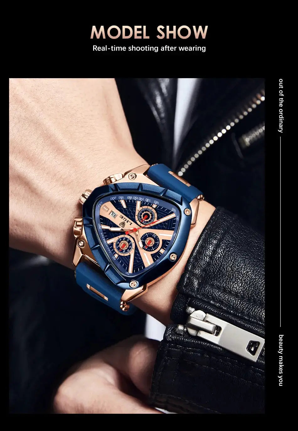 LIGE men's luxury watch with blue strap and rose-gold case, large dial with subdials