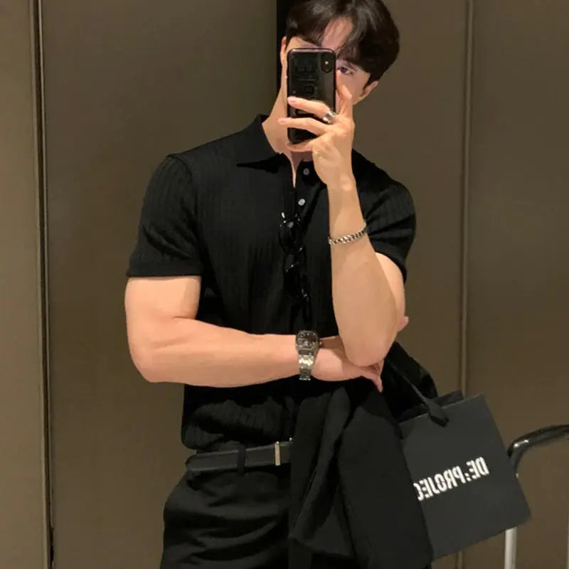 Simples Market black retro knit polo shirt for men, short sleeves
