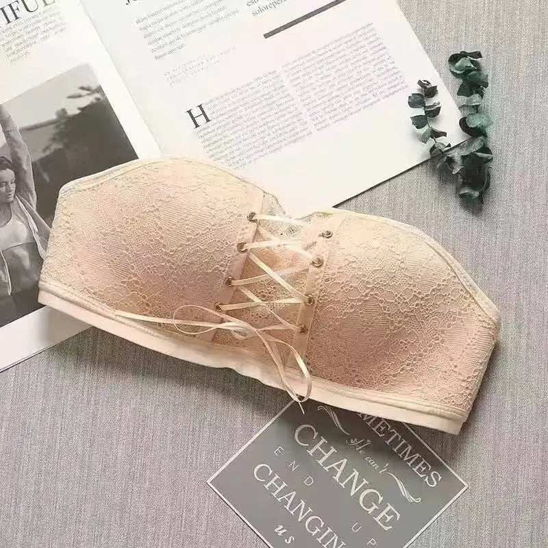 Women's beige lace strapless push-up bra with front lace-up detail, Simples Market