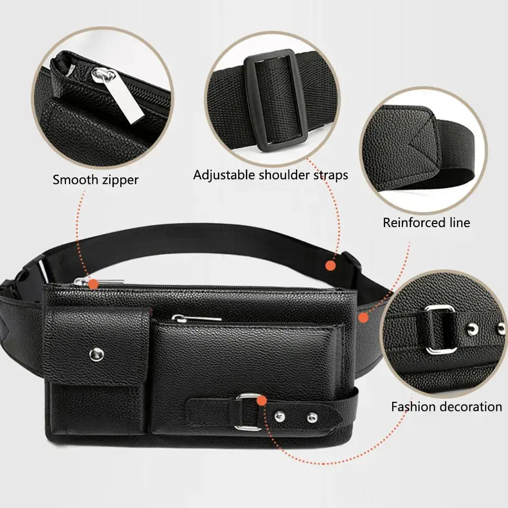 Leather waist bag fanny pack by Simples Market with multiple pockets and adjustable strap, black