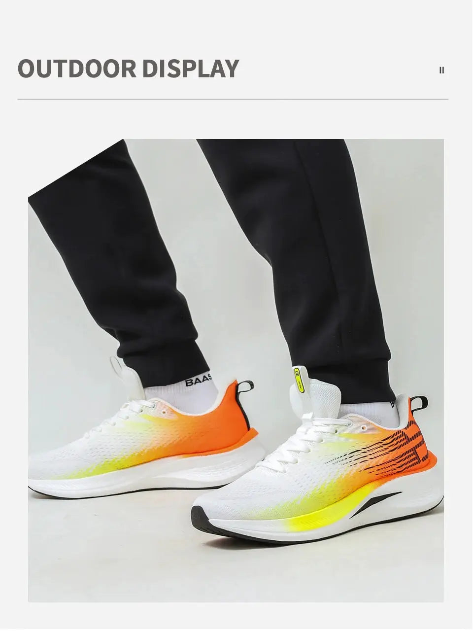 Baasploa men's jogging sneakers with white upper and orange-yellow gradient, carbon-plate cushioning