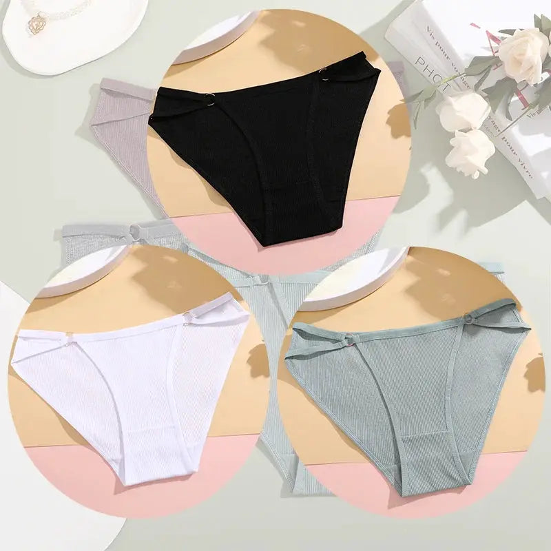3pcs women's cotton striped bikini panties set in black, white and gray by Simples Market, breathable underwear