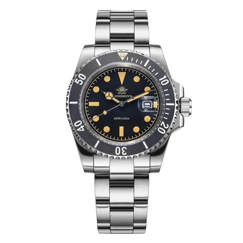 ADDIESDIVE 41mm men's quartz watch with stainless steel band, black dial, luminous hands, date, 200m water resistance