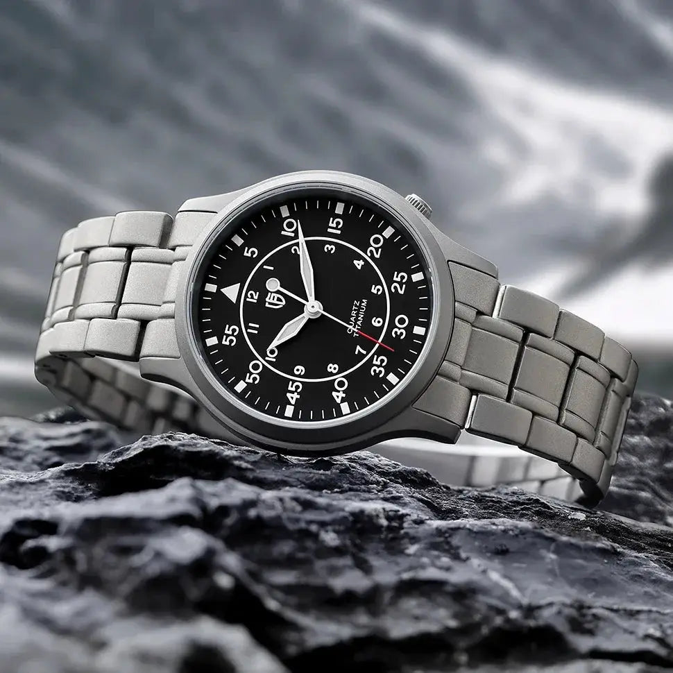 BERNY titanium men's watch with black dial and silver metal bracelet