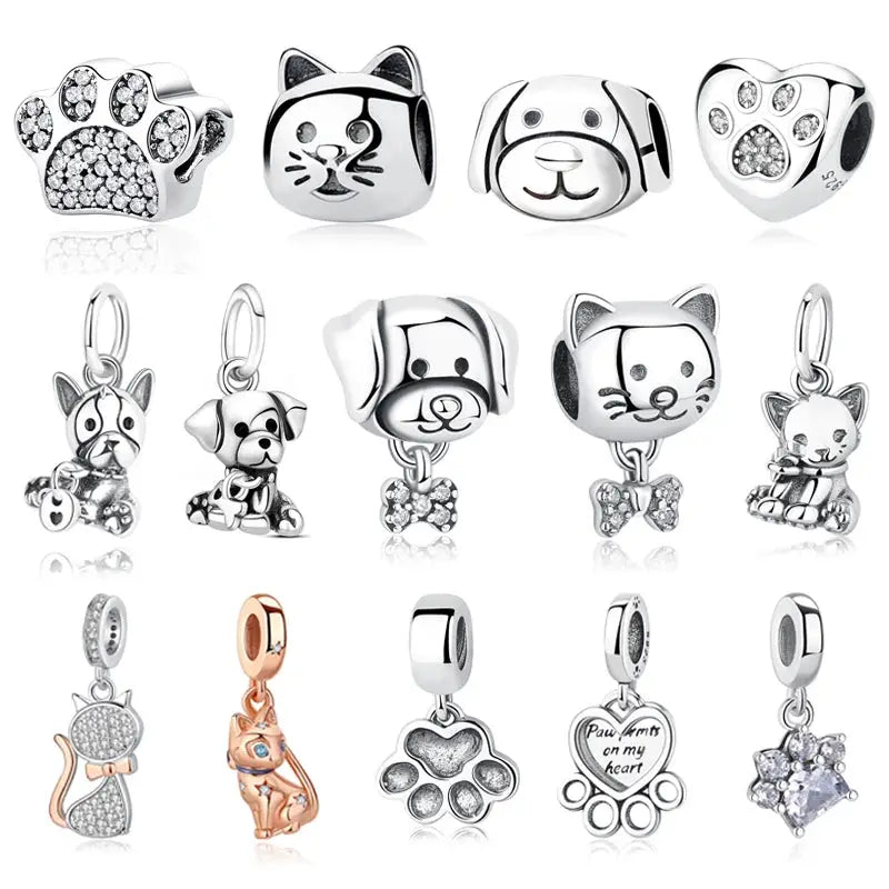 925 Sterling Silver Paw Print Charm Beads for Dogs and Cats Jewelry Pendant Fit for Bracelets Necklaces DIY Projects