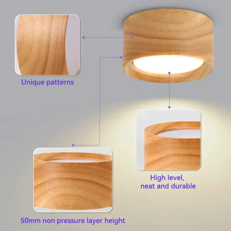 GX53 wooden ceiling downlight, round with natural wood finish LED indoor lamp for living room, corridor, bedroom
