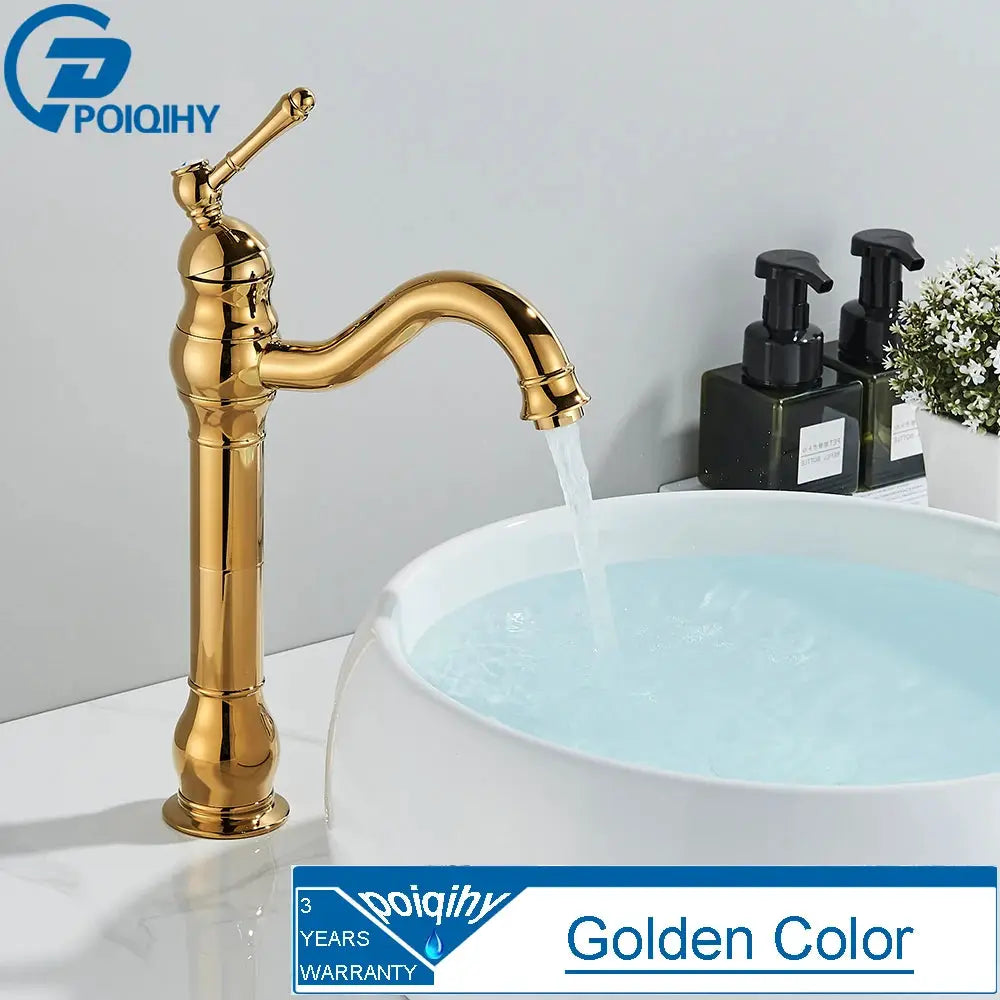 Antique brass basin faucet by POIQIHY, deck-mounted 1-hole hot/cold mixer with gold finish.