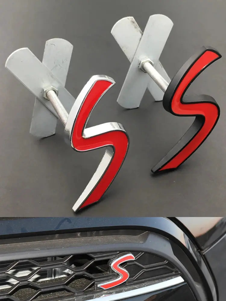 3D metal S emblem badge pair for car front grille, red insert with chrome trim