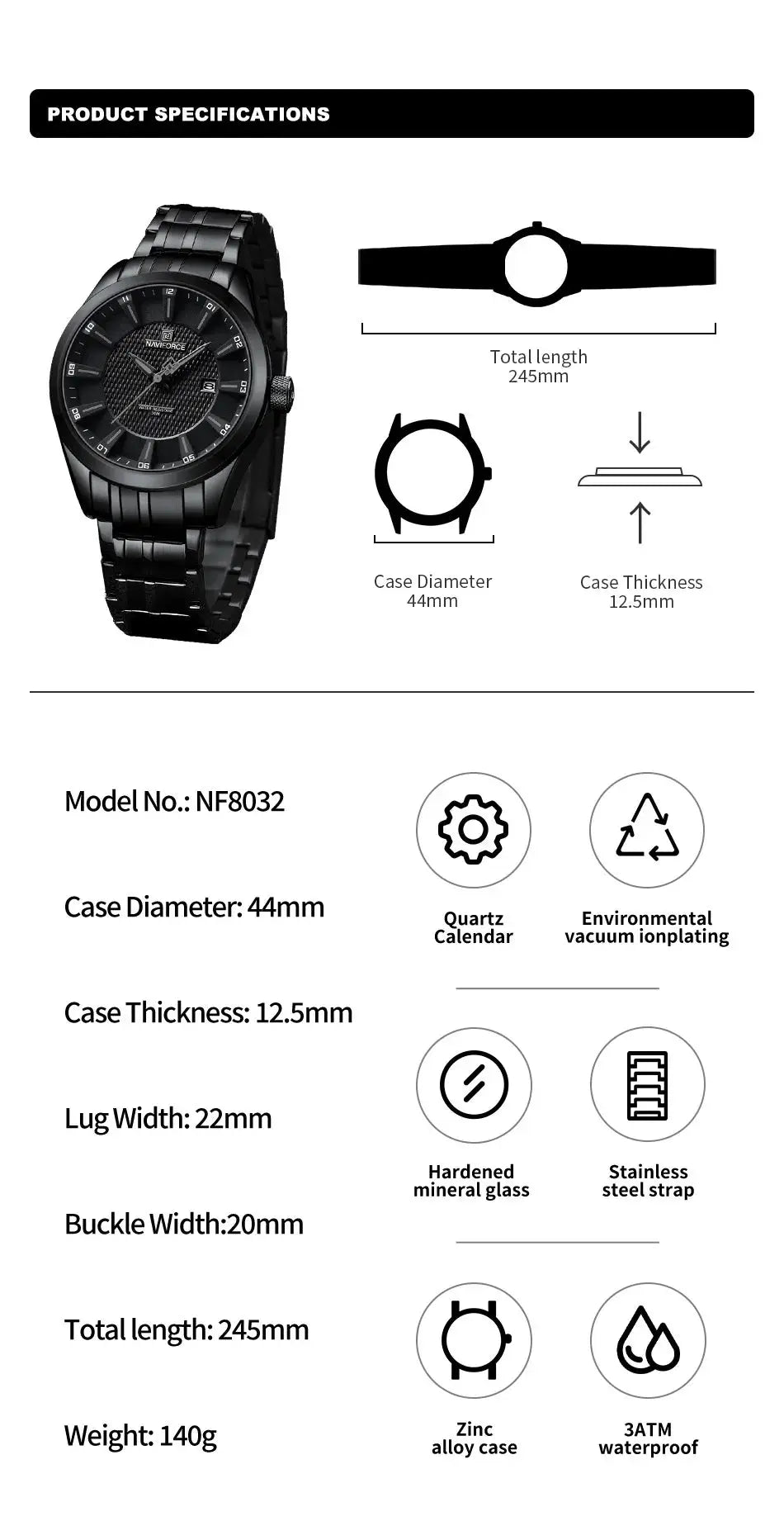 NAVIFORCE men's black stainless steel watch with date display, waterproof quartz movement