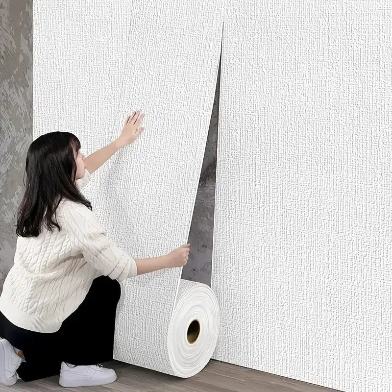 Self-Adhesive 3D linen foam wallpaper roll by Simples Market, white textured PVC wall sticker for living room and bedroom