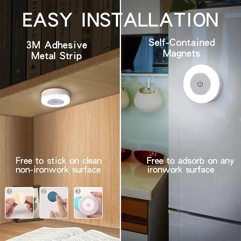 Two round LED night lights by Simples Market; touch sensor, 3-color dimmable, USB rechargeable, magnetic mounting.