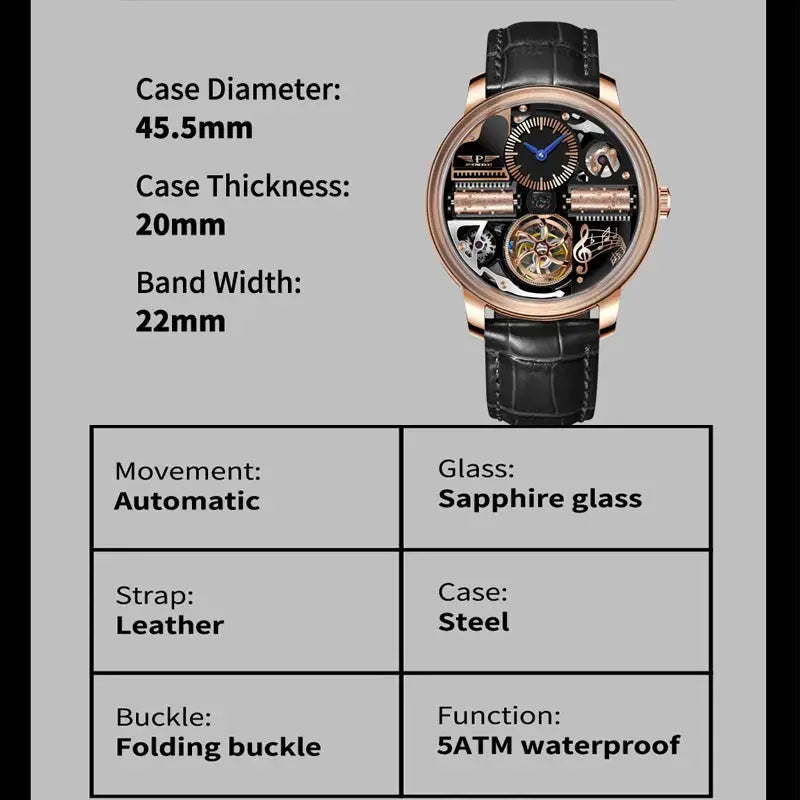 PINDU Design Music Series machinery watch; skeleton automatic movement, rose-gold case, black leather strap