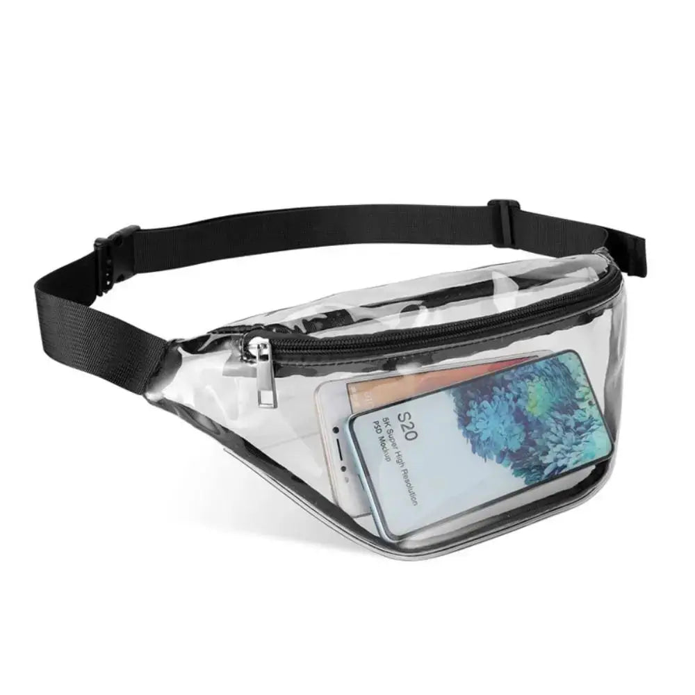 Simples Market transparent PVC waterproof waist pack with black adjustable strap; phone visible inside