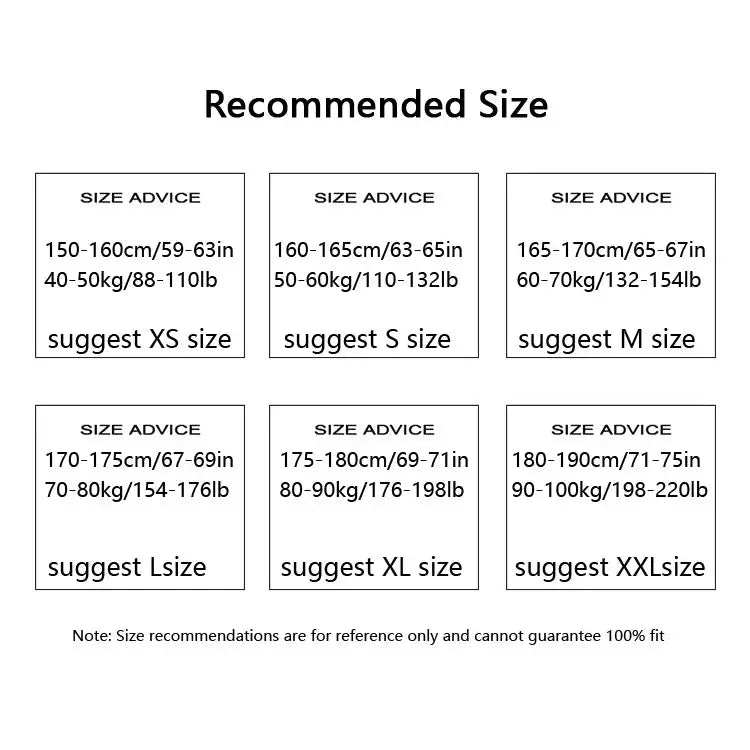 Simples Market cargo pants size chart with six size-advice panels showing height/weight ranges and suggested XS–XXL.
