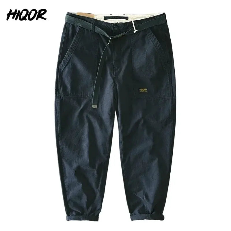 HIQOR men's cargo pants, black baggy multi-pocket joggers with belt and cuffs