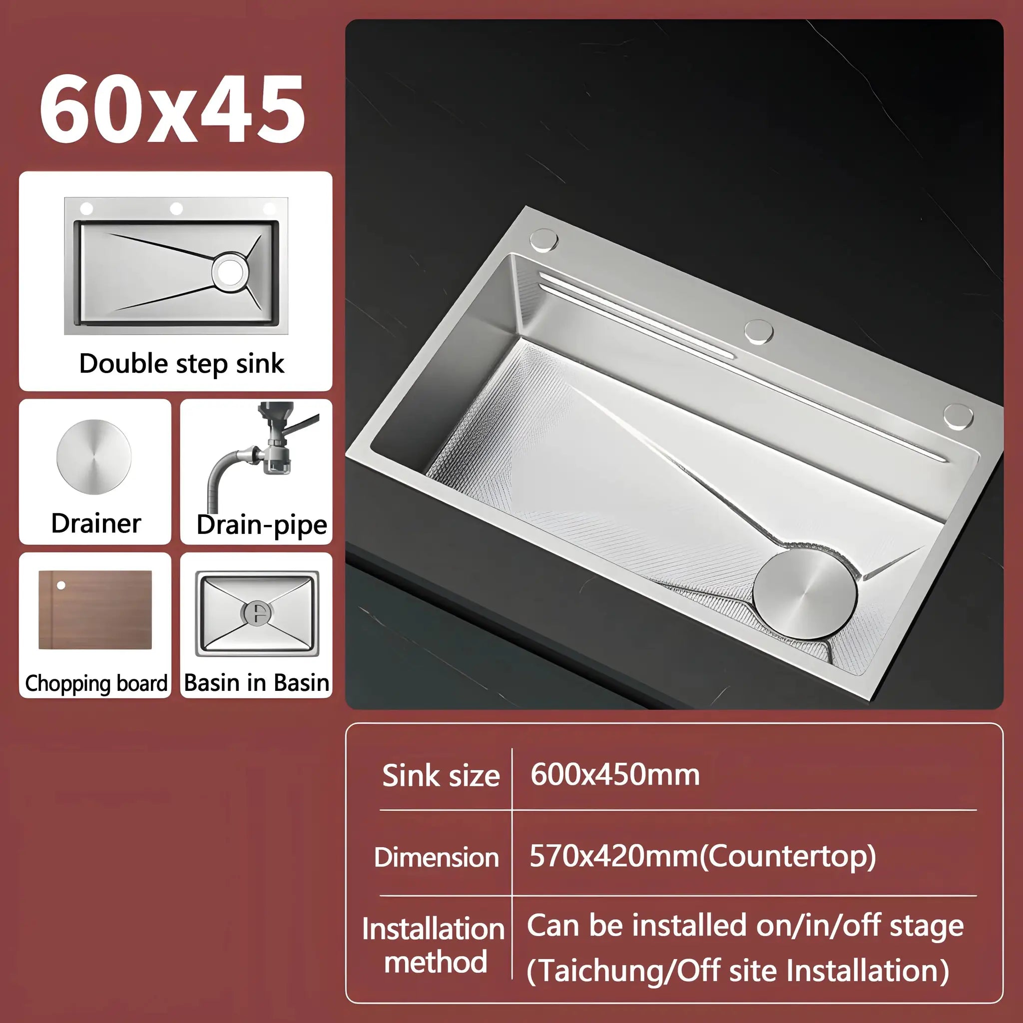 Simples Market 304 stainless steel kitchen sink, silver embossed, large single-slot wash basin, 600x450mm