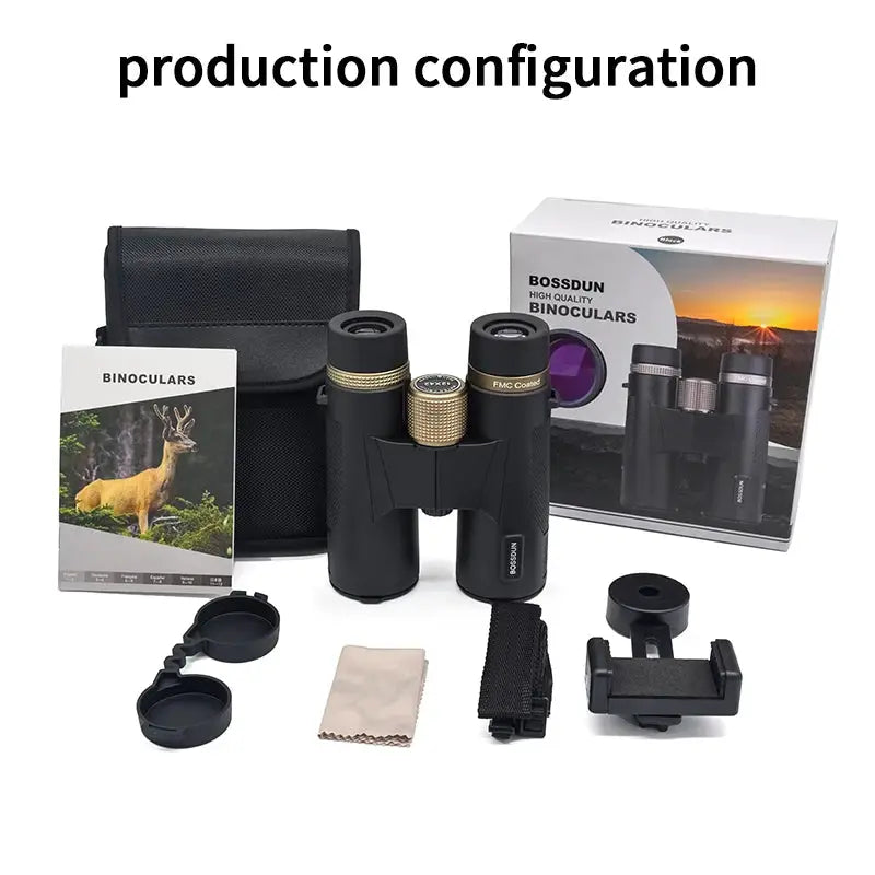 Binoculars 12x42 HD with ED lens, BAK4 prism, black waterproof metal body; kit includes case and accessories