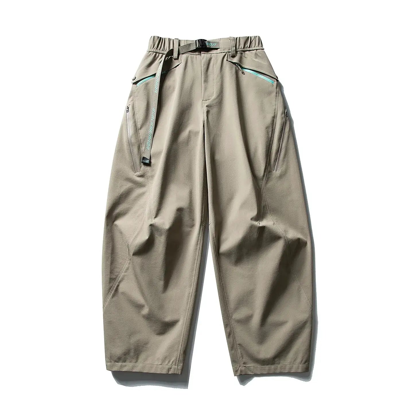 Khaki outdoor cargo pants with teal zip pockets, wide-leg cut, adjustable belt