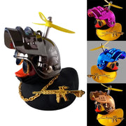 Rubber duck car interior decor; yellow helmeted duck with gold rifle and chain, 4 color variants.