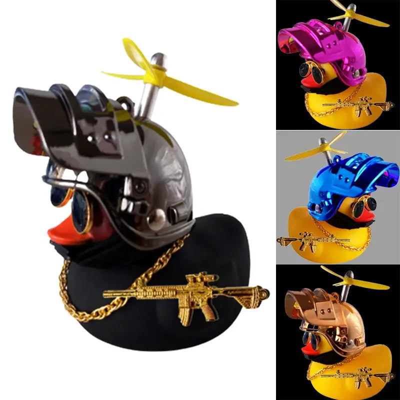 Rubber duck car interior decor; yellow helmeted duck with gold rifle and chain, 4 color variants.