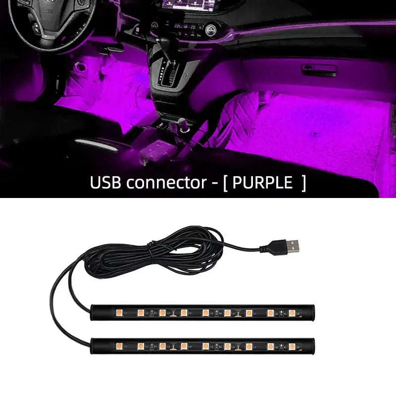 Simples Market 2-in-1 LED car neon foot lights, purple ambient interior LEDs with USB cable and dual bars
